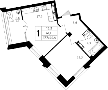 1-комн., 44.4 м²