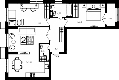 2-комн., 75.73 м²