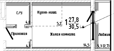 Студия, 27.8 м²
