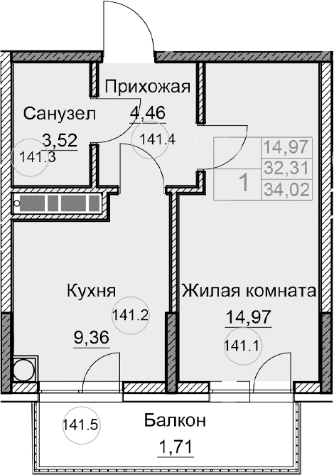 1-комн., 32.31 м²