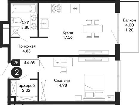 2-комн., 43.49 м²