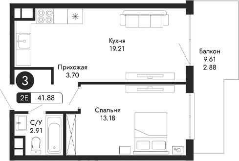 2-комн., 39 м²