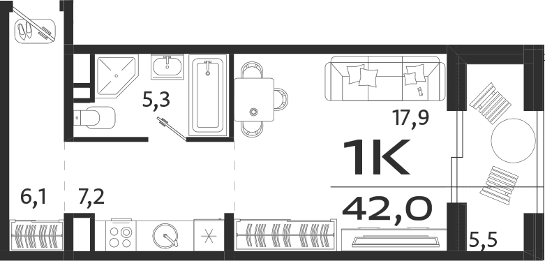 Студия, 36.5 м²