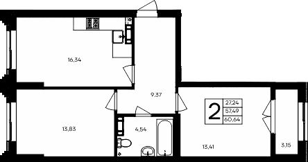 2-комн., 57.49 м²