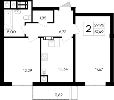 2-комн., 53.87 м²
