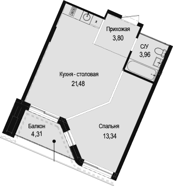 1-комн., 42.58 м²