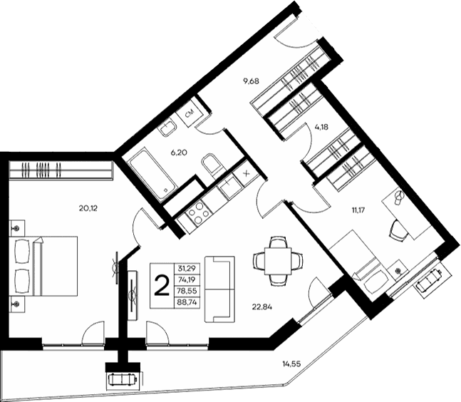 2-комн., 74.19 м²