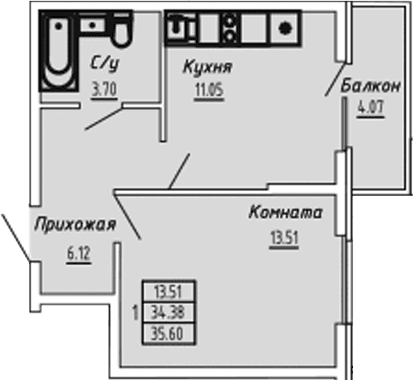 1-комн., 34.38 м²