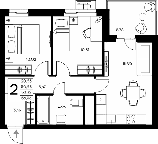 2-комн., 50.58 м²