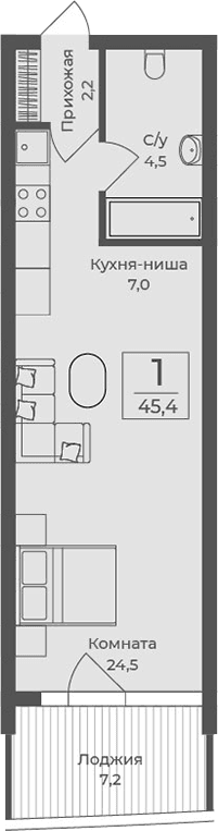 Студия, 38.2 м²
