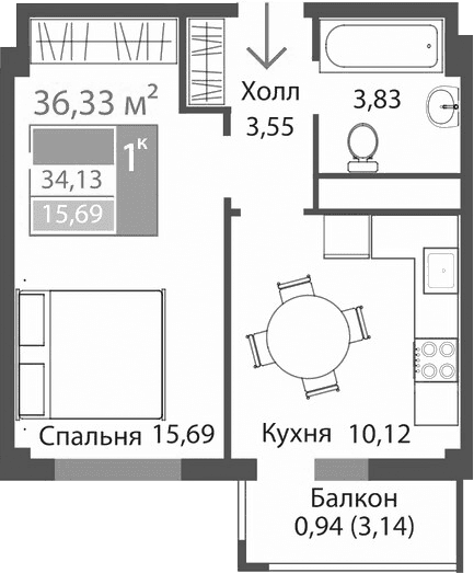 1-комн., 33.19 м²