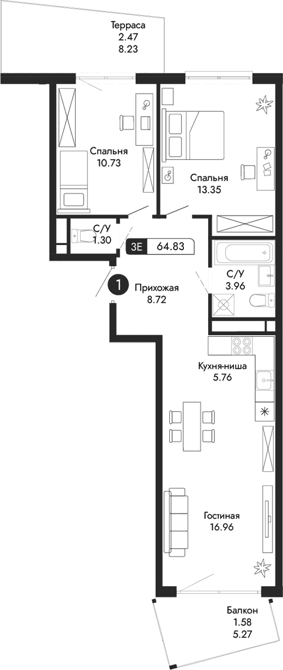 3-комн., 60.78 м²