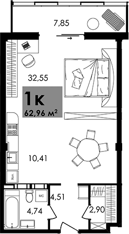 Студия, 54.92 м²