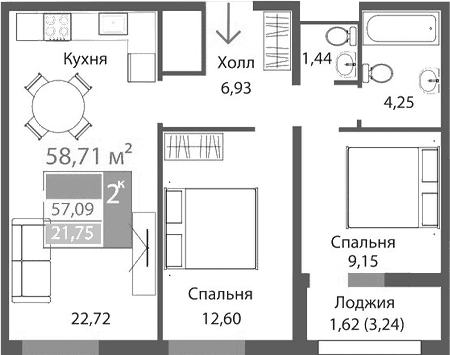 2-комн., 57.09 м²