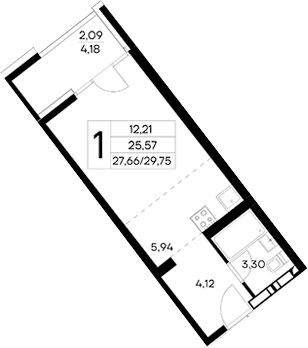 Студия, 27.66 м²