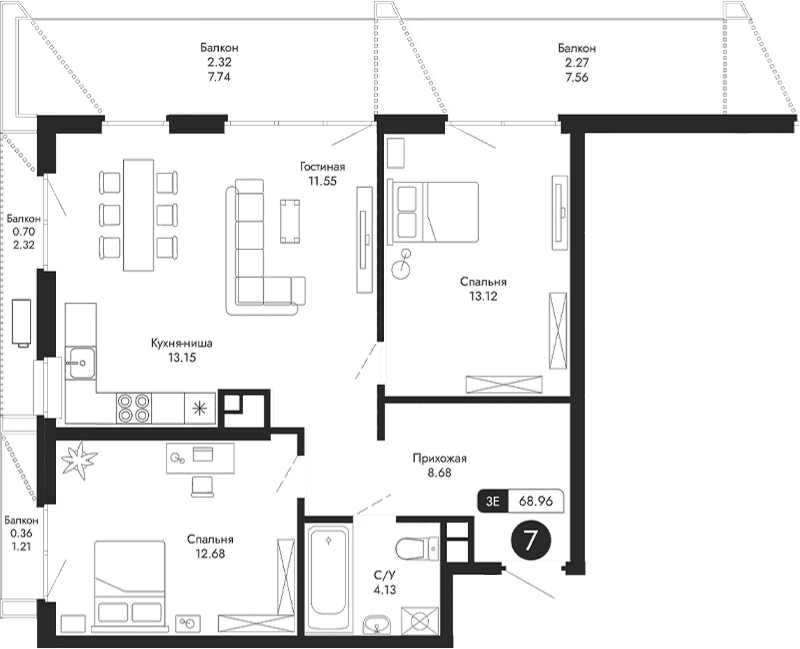 3-комн., 63.31 м²