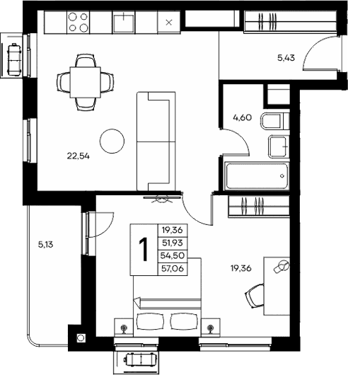 1-комн., 51.93 м²