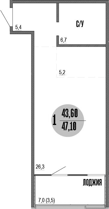 Студия, 43.9 м²