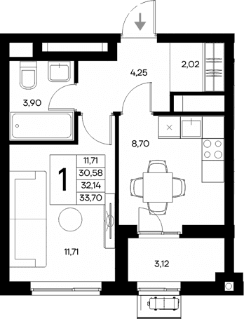 1-комн., 30.58 м²