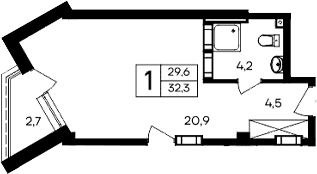 Студия, 29.6 м²
