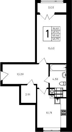 1-комн., 43.92 м²