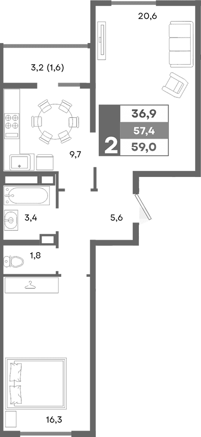 2-комн., 57.4 м²