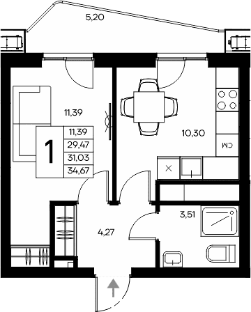 1-комн., 29.47 м²