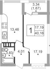 1-комн., 38.23 м²
