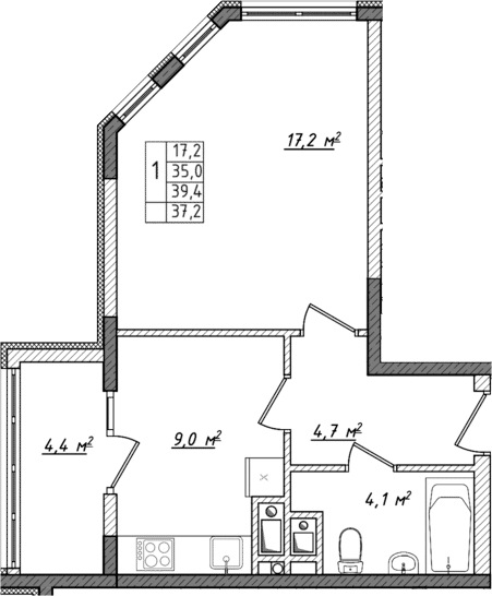 1-комн., 35 м²