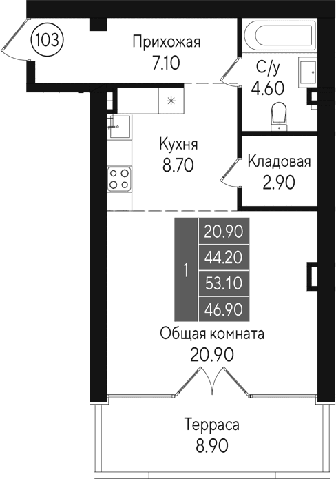Студия, 44.2 м²