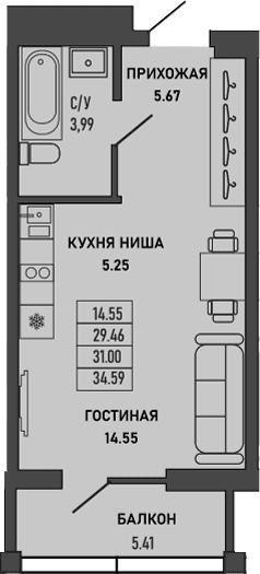 Студия, 29.38 м²