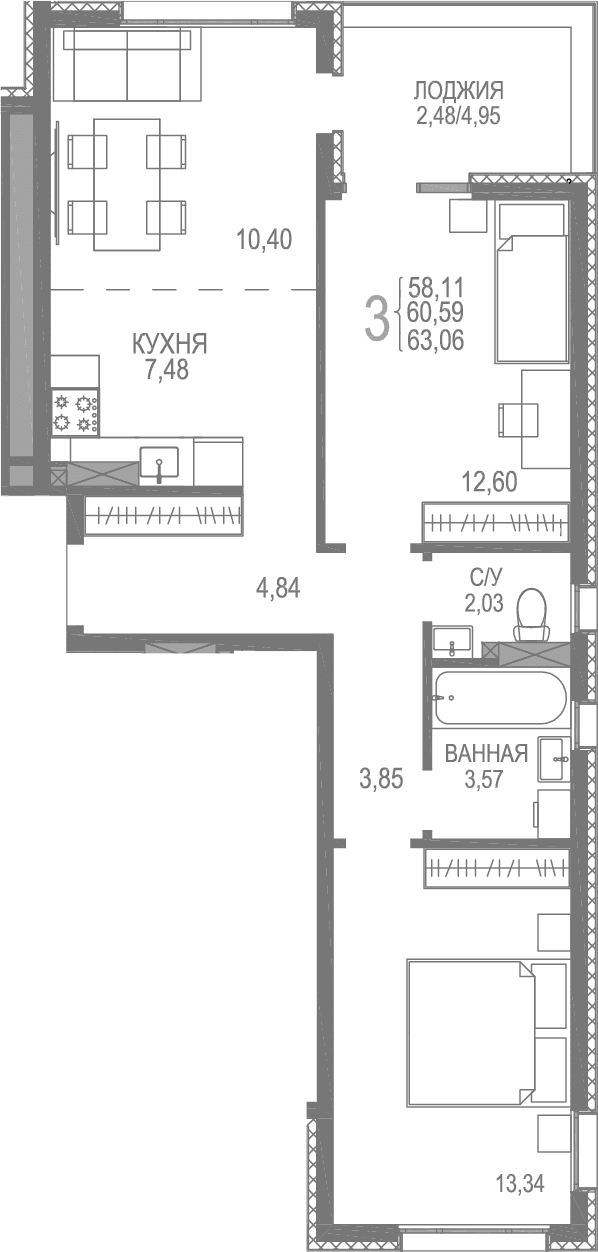 2-комн., 61.68 м²