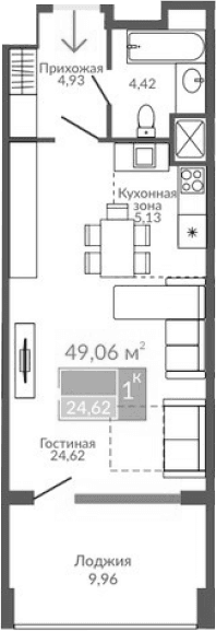 Студия, 39.1 м²