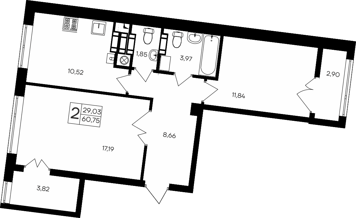 2-комн., 57.85 м²