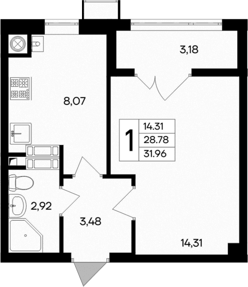 1-комн., 28.78 м²