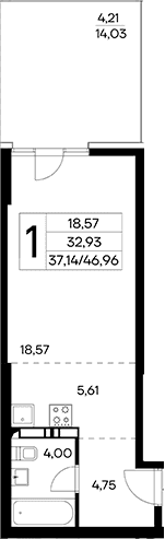 Студия, 42.75 м²