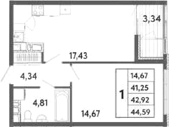 1-комн., 41.25 м²