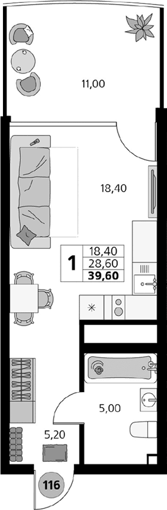Студия, 28.6 м²
