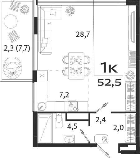 Студия, 44.8 м²