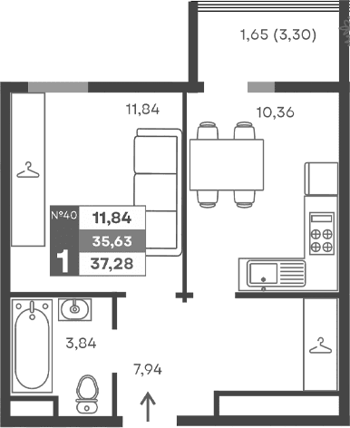 1-комн., 33.98 м²