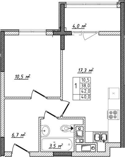 2-комн., 38 м²