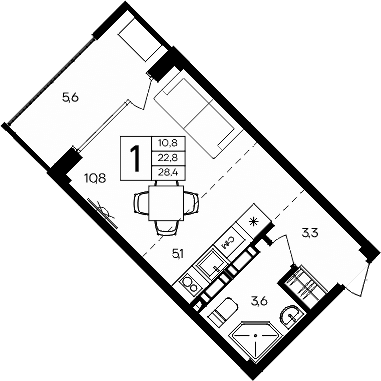 Студия, 22.8 м²