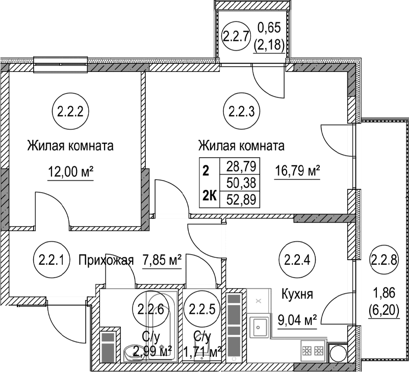 2-комн., 50.38 м²