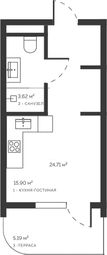 Студия, 19.52 м²