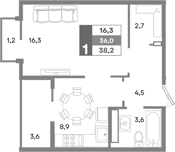 1-комн., 36.04 м²