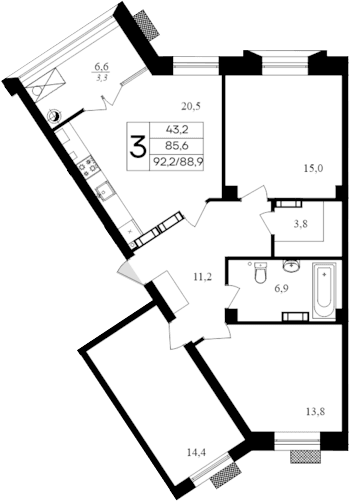 3-комн., 88.9 м²