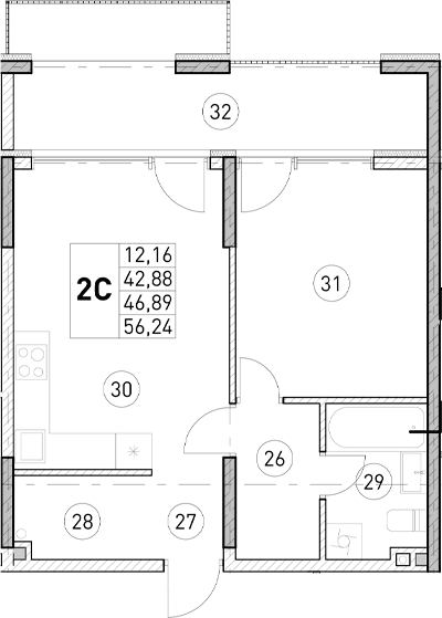 2-комн., 42.88 м²