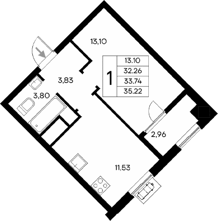1-комн., 32.38 м²