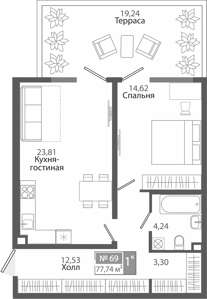 1-комн., 58.5 м²