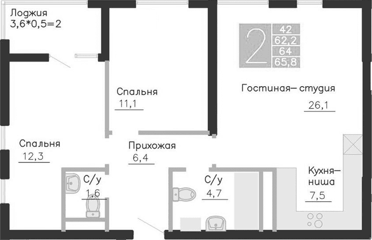 3-комн., 62.2 м²